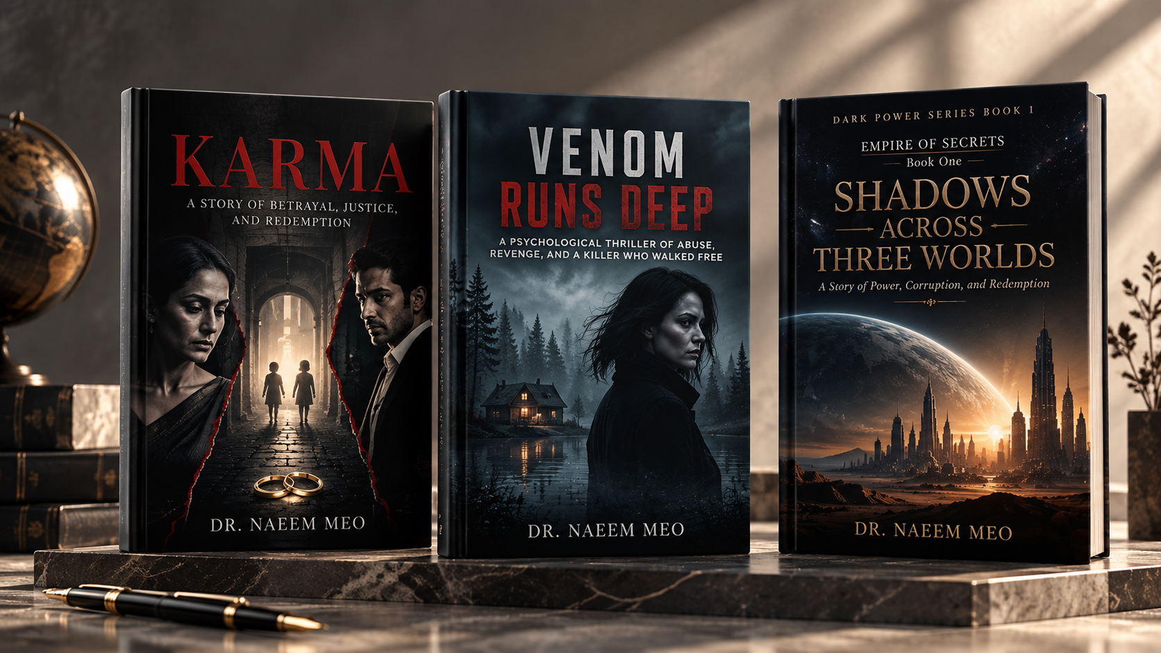 Discover Karma, Venom Runs Deep, and Shadows Across Three Worlds, three standalone novels by Dr. Naeem Meo packed with crime, betrayal, and justice.